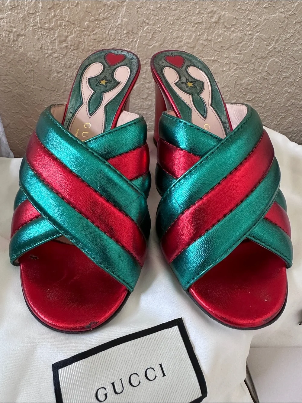 Gucci Metallic Teal and Fuchsia Crisscross Slide Mules - Picture 4 of 16
